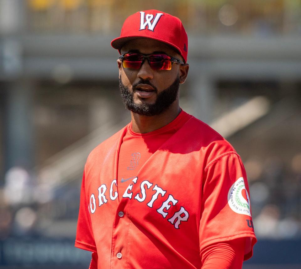 Worcester’s Niko Goodrum walks off the field between innings at Polar Park last week.