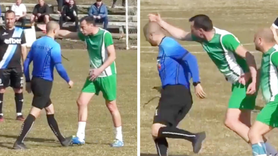 A player tries to hit the ref (pictured right) and the ref speaking to an angry player (pictured left).