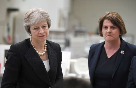 Britain's Prime Minister Theresa May and Arlene Foster, the leader of the Democratic Unionist Party (DUP) visit Belleek Pottery, in St Belleek, Fermanagh, Northern Ireland, July 19, 2018. REUTERS/Clodagh Kilcoyne/Pool