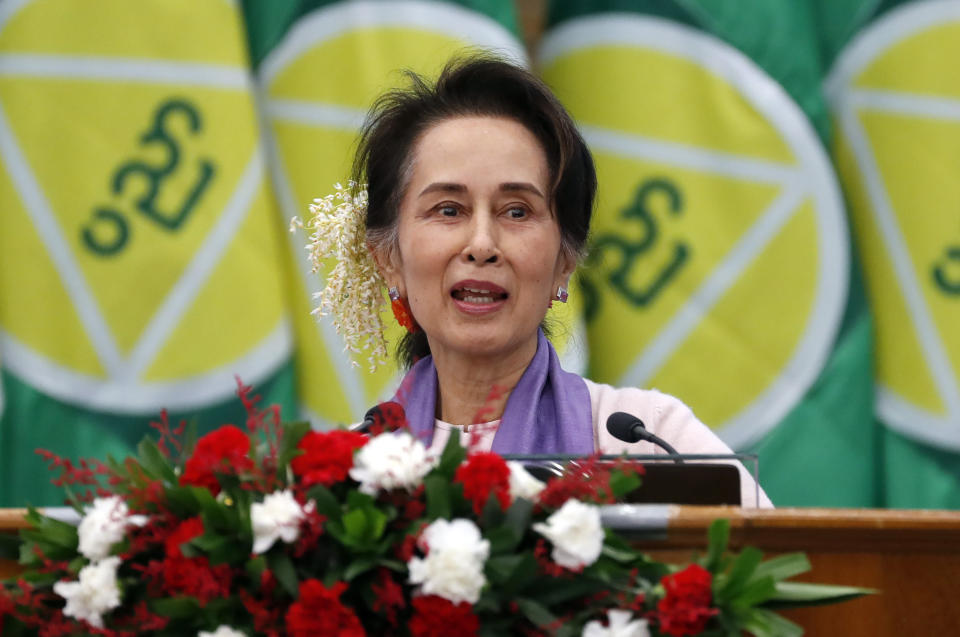 FILE - Myanmar's then leader Aung San Suu Kyi delivers a speech during a meeting on implementation of Myanmar Education Development in Naypyidaw, Myanmar, Jan. 28, 2020. As Feb. 1, 2023, marks two years after Myanmar’s generals ousted Suu Kyi’s elected government, thousands of people have died in civil conflict and many more have been forced from their homes in a dire humanitarian crisis. (AP Photo, File)