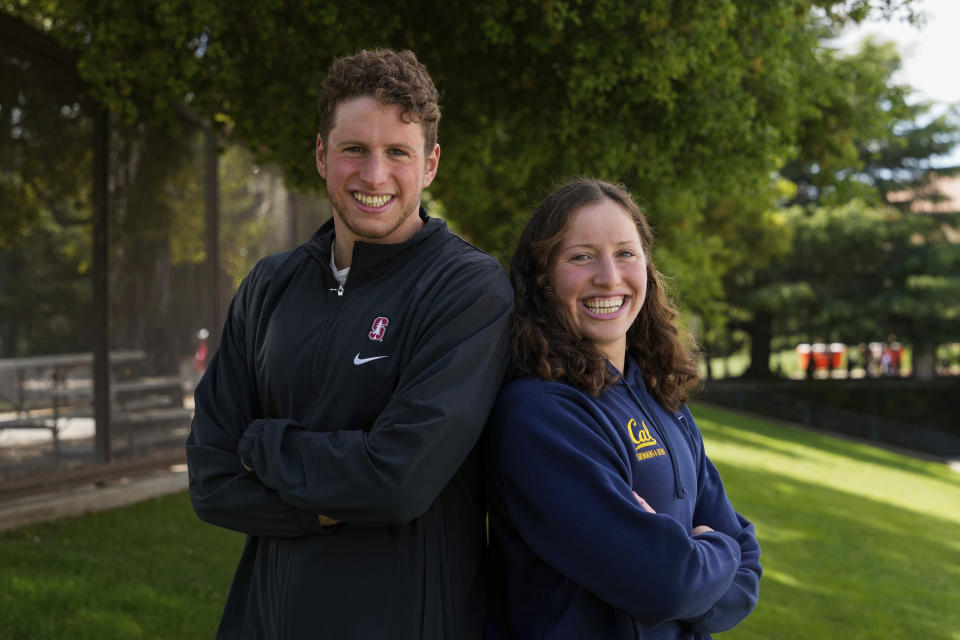 Siblings Ron and Leah Polonsky are photographed, Saturday, April 6, 2024, in Stanford, Calif. Ron swims for Stanford. Leah competes at rival California, in nearby Berkeley. (AP Photo/Godofredo A. Vásquez)