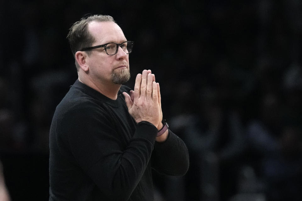 Philadelphia 76ers head coach Nick Nurse watches play during the first half of an NBA basketball game against the Boston Celtics, Tuesday, Feb. 27, 2024, in Boston. (AP Photo/Charles Krupa)