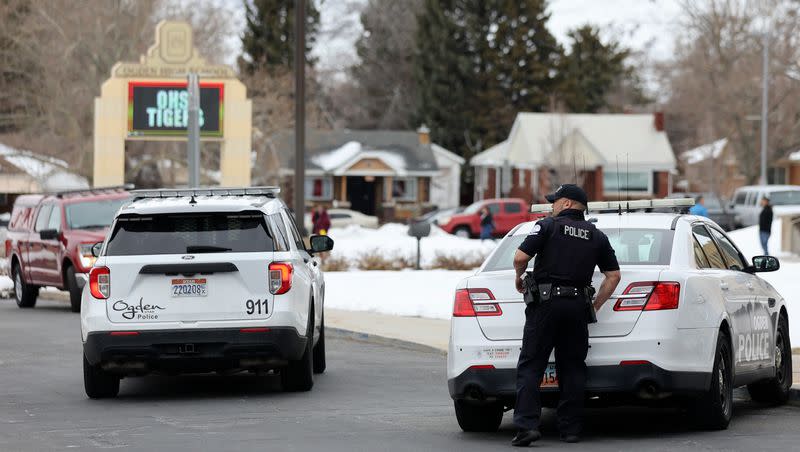 Police maintain a presence after responding to false threats of shots fired at Ogden High School in Ogden on Wednesday, March 29, 2023. Police agencies along the Wasatch Front and northern Utah responded to similar reports of school violence on Wednesday morning.