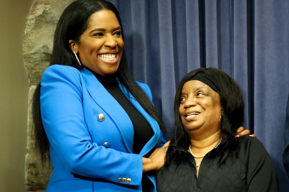 Rep. Jehan Gordon-Booth, D-Peoria, left, with Gloria Hicks, East St. Louis coordinator for Crime Survivors for Safety and Justice at an April 1 Capitol press conference. The two announced a bill, HB 1095, which passed in the House on Tuesday.