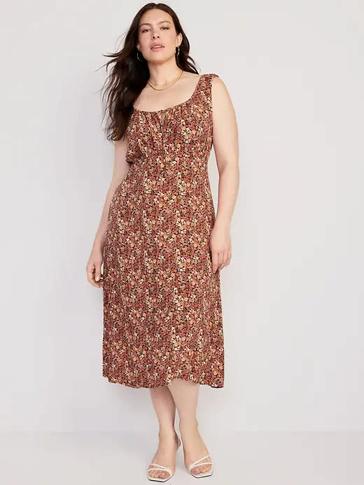 Waist-Defined Sleeveless Printed Crepe Midi Dress. Image via Old Navy.