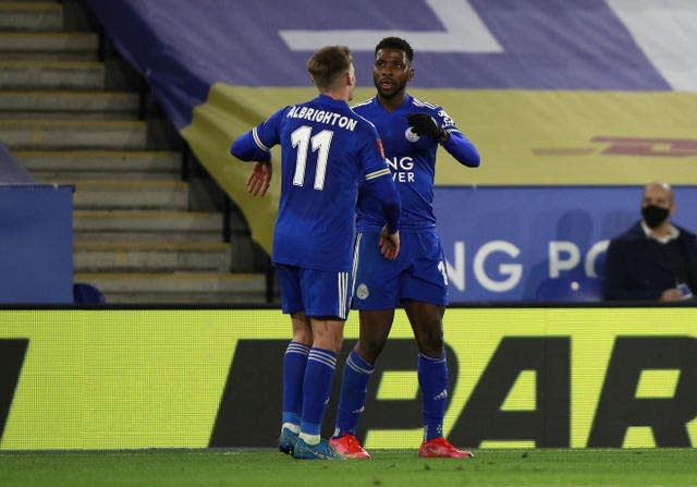 Kelechi Iheanacho, right, bagged a brace as Leicester defeated Manchester United to reach the FA Cup semi-finals for the first time since 1982 (Ian Walton/PA)