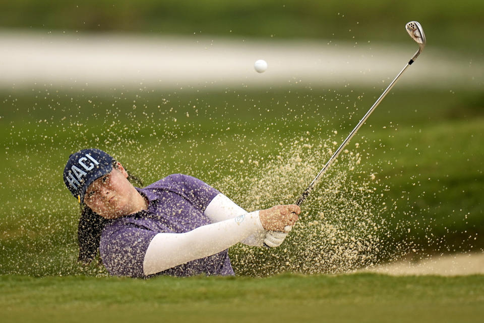 Angel Yin hits from the fourth green bunker during the first round of the Chevron Championship LPGA golf tournament Thursday, April 18, 2024, at The Club at Carlton Woods, in The Woodlands, Texas. (AP Photo/Eric Gay)