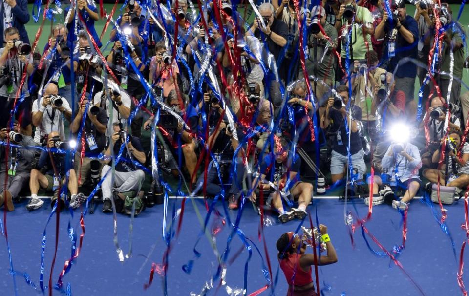 Coco Gauff holds the winner trophy after defeating Aryna Sabalenka of Belarus in their Women's Singles Final match on Day Thirteen of the 2023 US Open in Queens, NY on Sept. 9.<span class="copyright">Al Bello—Getty Images</span>