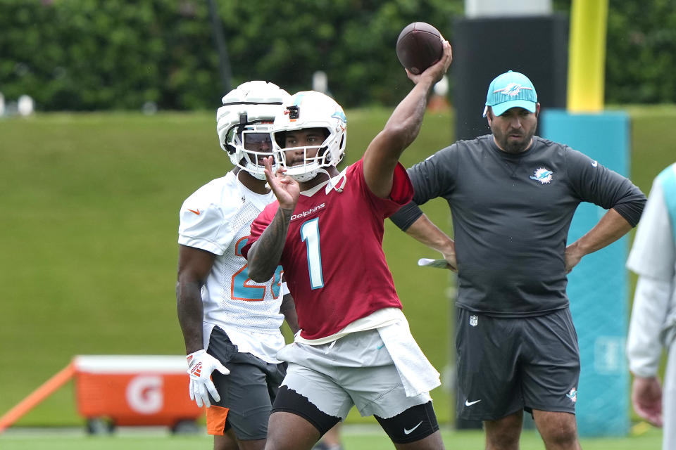 Miami Dolphins quarterback Tua Tagovailoa throws during practice at the NFL football team's training facility, Wednesday, July 26, 2023, in Miami Gardens, Fla. (AP Photo/Lynne Sladky)