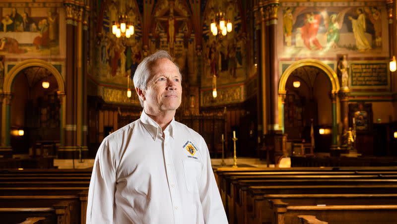 Andy Airriess, historian and public relations liaison for the Knights of Columbus fraternal organization, poses for a portrait at the Cathedral of the Madeleine in Salt Lake City on Monday, Sept. 25, 2023.