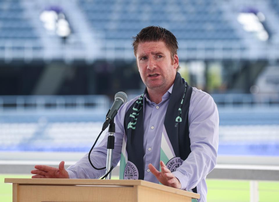 James O'Connor, executive V.P. Development of Soccer Holdings, LLC., spoke during a press conference as they unveiled Louisville's new National Women's Soccer League franchise name as Racing Louisville FC on July 8, 2020.  The NWSL team is set to make its debut in 2021.