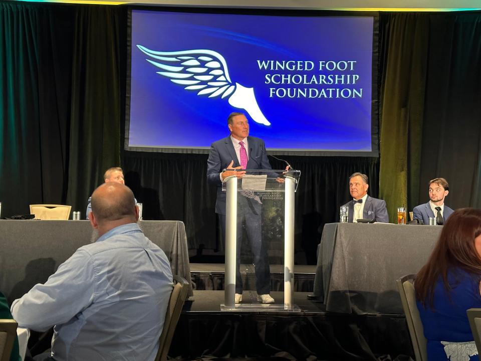 Former Florida and Mississippi State football coach Dan Mullen addresses the audience of the 35th annual Winged Foot Scholarship Banquet on Friday, May 10th, 2024.