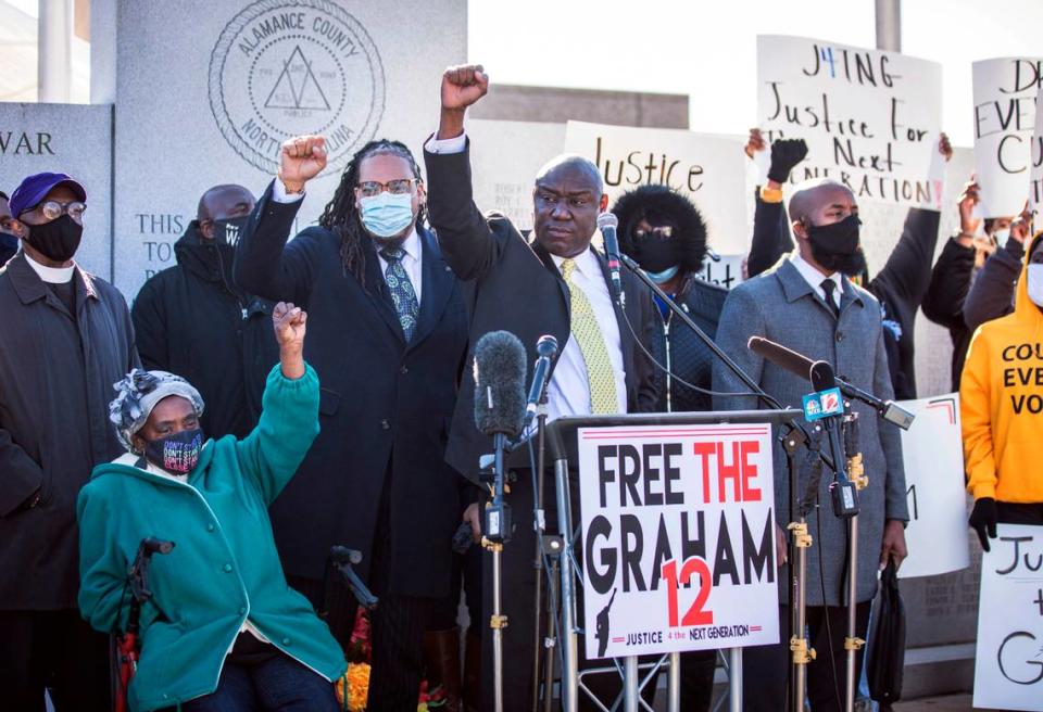 Attorney Ben Crump, who represents the families of Breonna Taylor and George Floyd and has now joined Rev. Greg Drumwright’s legal team, concludes a news conference outside the J.B. Allen Jr. Criminal Courthouse in Graham, N.C. on Wednesday, December 2, 2020.