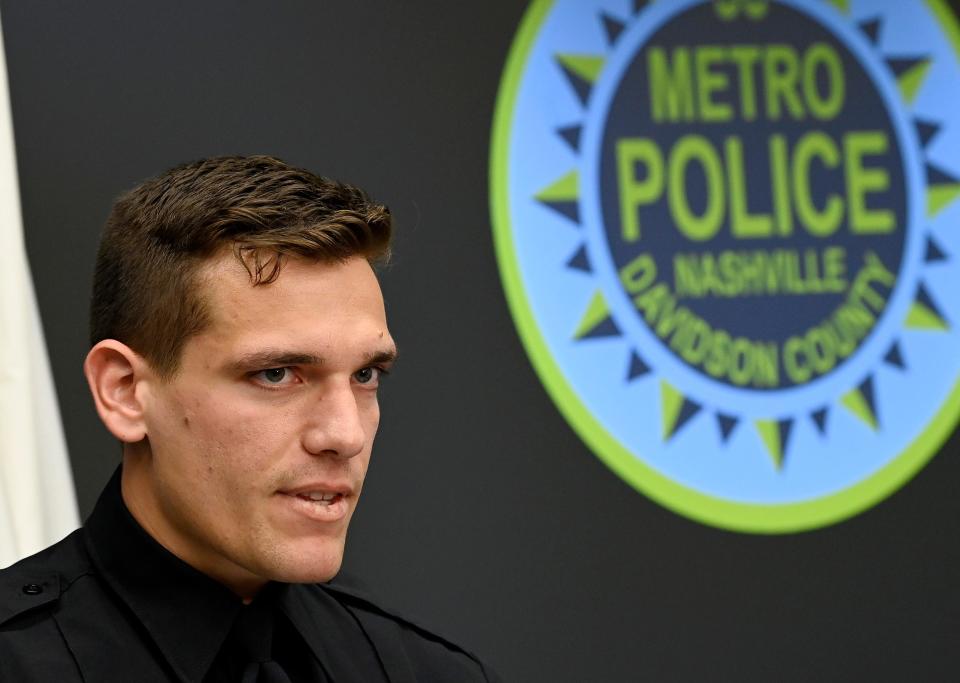 Metro Nashville Police Officer Rex Engelbert  talks about his role in responding to the mass shooting at Covenant School during a press conference Tuesday,  April 4, 2023, 2023, in Nashville, Tenn.
