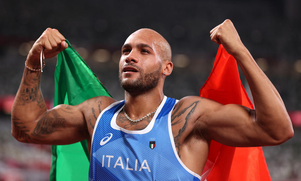 Pictured here, Marcell Jacobs celebrates after winning gold in the men's 100m sprint final at the Tokyo Games. 