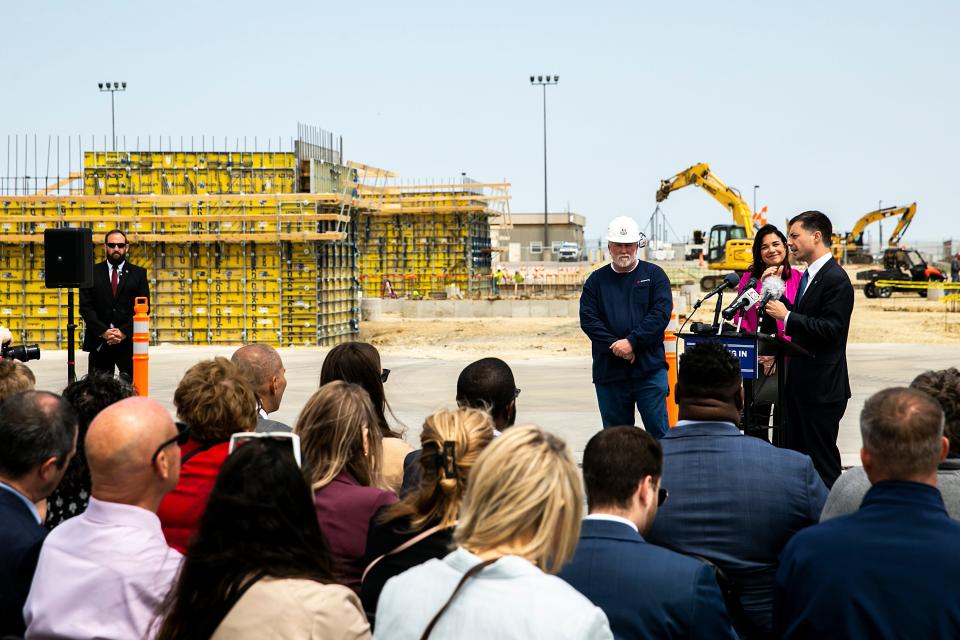 Transportation Secretary Pete Buttigieg speaks during a news conference for a $20 million construction project grant from the Bipartisan Infrastructure Law, Thursday, May 25, 2023, at the Eastern Iowa Airport (CID) in Cedar Rapids, Iowa.