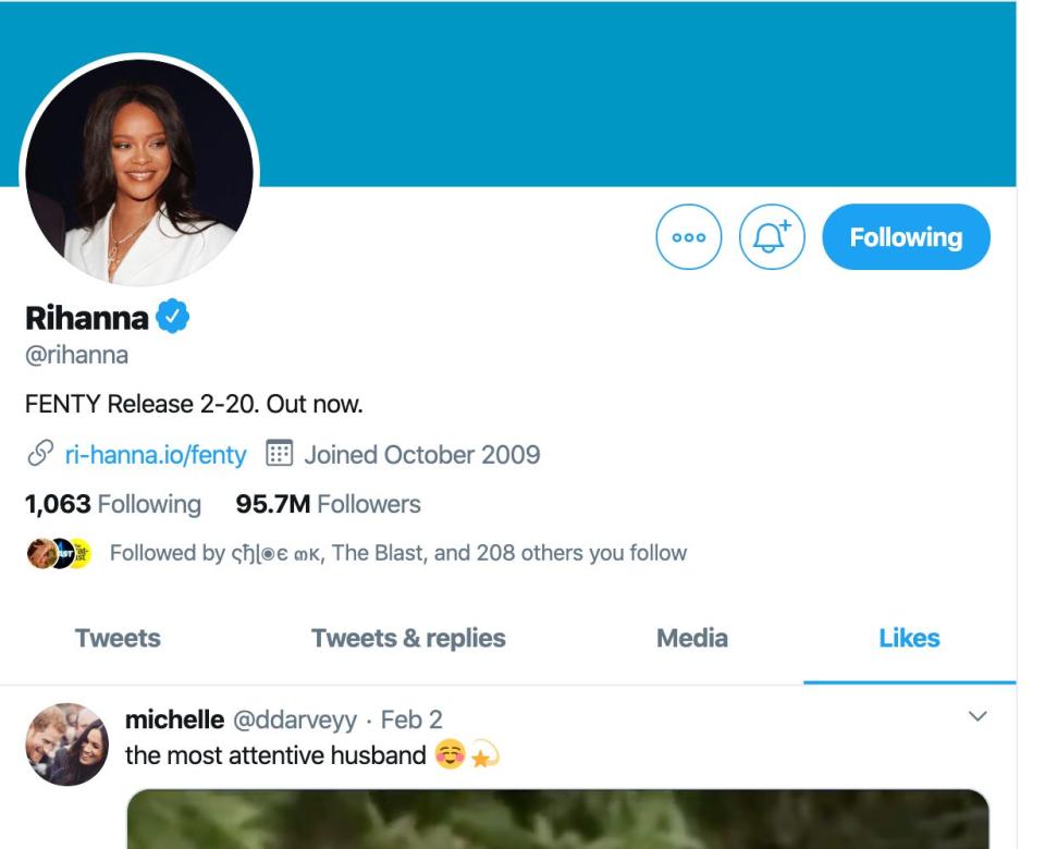 A screenshot showing that Rihanna liked the recent viral video of Harry and Meghan.  (Photo: Getty Images)