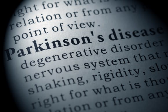 A closeup of the definition of Parkinson's disease on a page