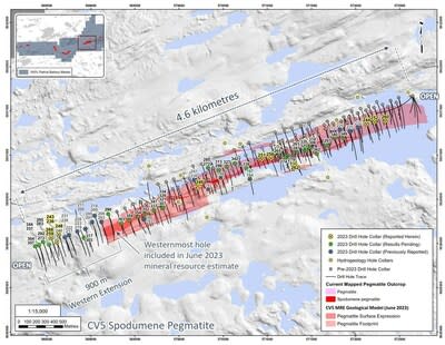 Figure 1: Drill holes completed through 2023 at CV5 Spodumene Pegmatite. (CNW Group/Patriot Battery Metals Inc)