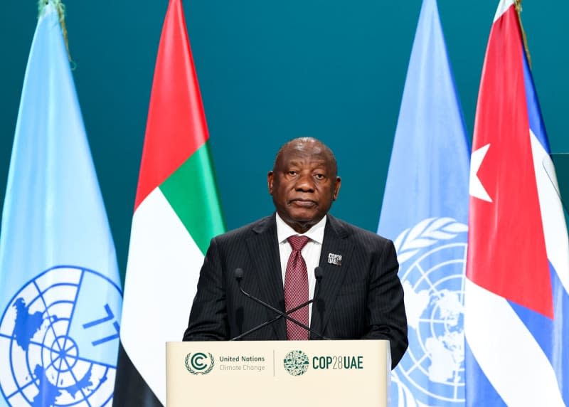 South African President Cyril Ramaphosa speaks at the G77 +  China Leaders’ Summit during the United Nations Climate Change Conference (COP28). Mahmoud Khaled/COP28/dpa