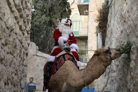 Israeli-Arab Issa Kassissieh, wearing a Santa Claus costume, rides a camel during the annual Christmas tree distribution by the Jerusalem municipality in Jerusalem's Old City December 21, 2017. REUTERS/Ammar Awad