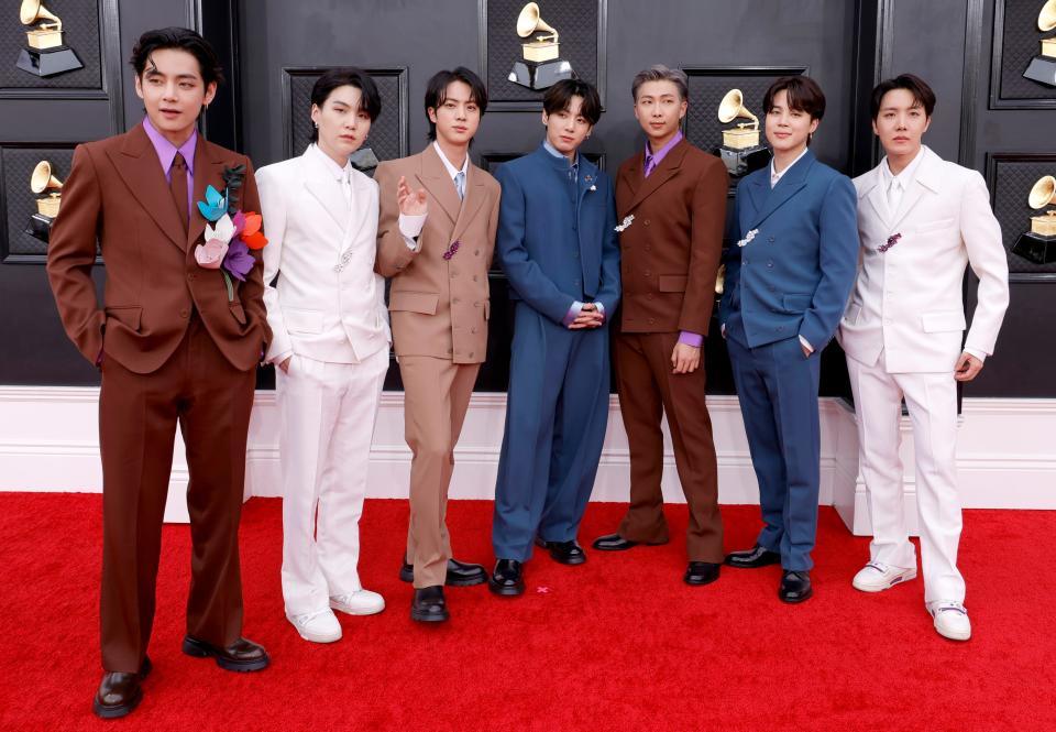 BTS pictured in 2022 at the Grammys.