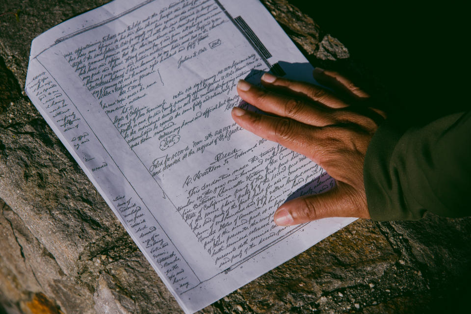 The document showing that land was granted to Yolanda Owens' great-great-grandfather Edward Hatton, at the site where that property was seized in Napa, Calif., in May. (Marissa Leshnov for NBC News)