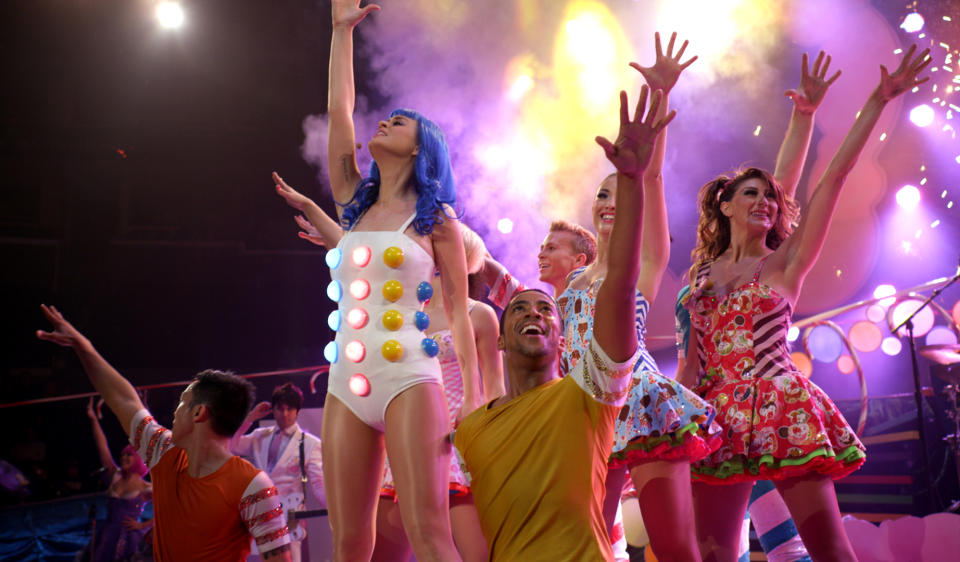 This film image released by Paramount Pictures shows Katy Perry performing with dancers in a scene from her 3D film, "Katy Perry: Part of Me." (AP Photo/Paramount Pictures)