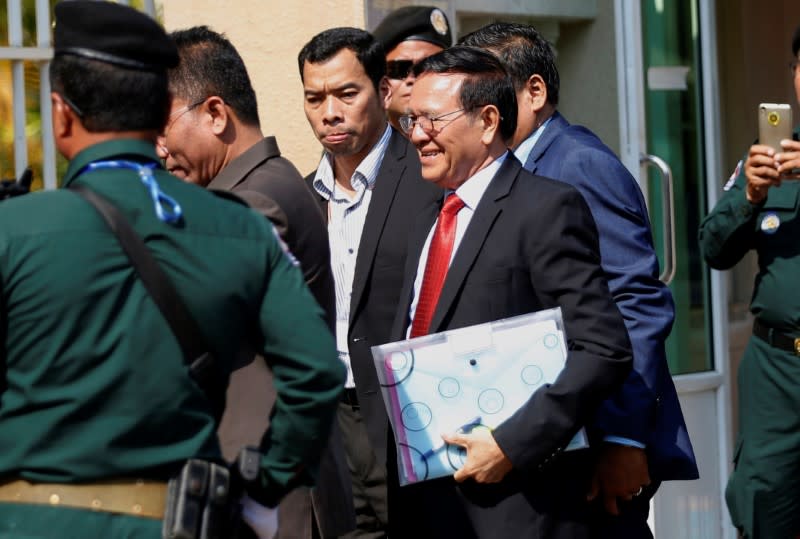 Cambodian opposition leader Kem Sokha arrives back at the Municipal Court of Phnom Penh