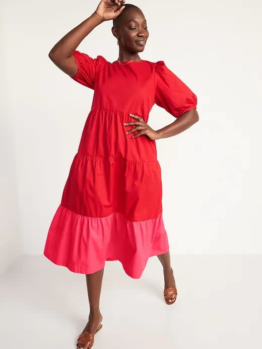 <p>The <span>Old Navy Tiered Two-Tone All-Day Midi Swing Dress </span> ($45) is a current wardrobe obsession of one of our editors. Read her <a href="https://www.popsugar.com/fashion/old-navy-cotton-midi-dress-review-48742365" class="link " rel="nofollow noopener" target="_blank" data-ylk="slk:review here">review here</a>.</p>