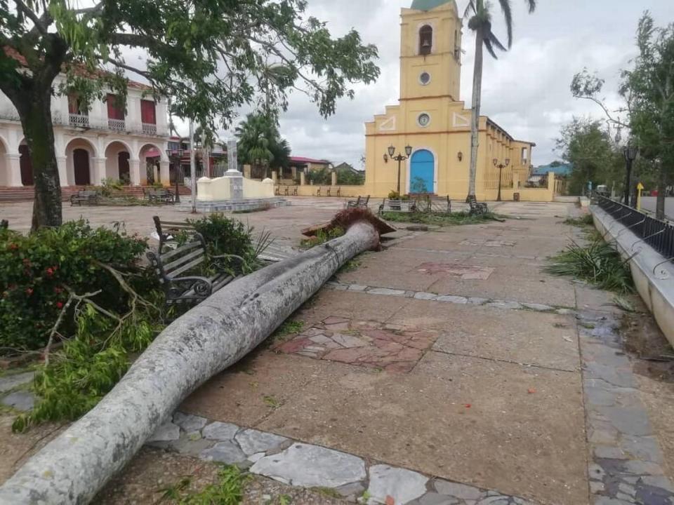 Árbol caído en parque central de Viñales, en Pinar del Río. El huracán Ian causó estragos a su paso por Cuba.