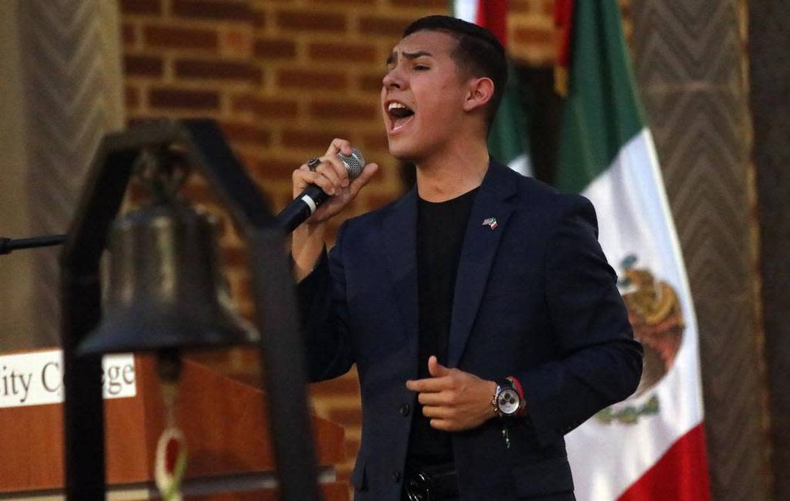Isacc Torres sang the Mexican national anthem during the Grito de Dolores during the Mexican Independence Day celebration at Fresno City College on Sept. 15, 2023.
