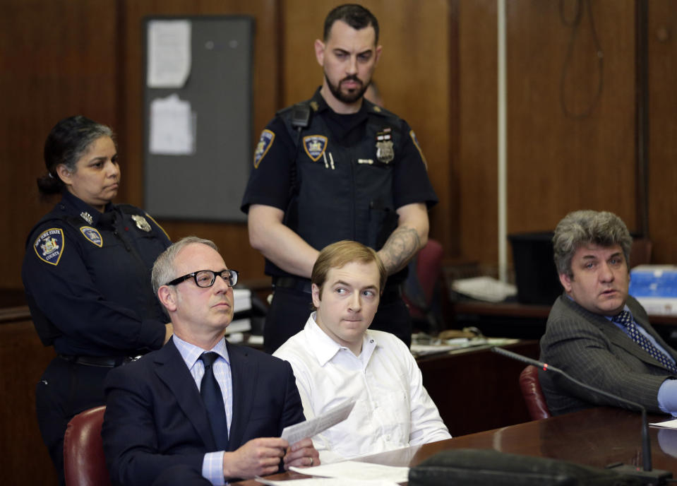 James Jackson appears in court for sentencing in New York, Wednesday, Feb. 13, 2019. Jackson, a white supremacist, pled guilty to killing a black man with a sword as part of a racist plot that prosecutors described as a hate crime. (AP Photo/Seth Wenig)