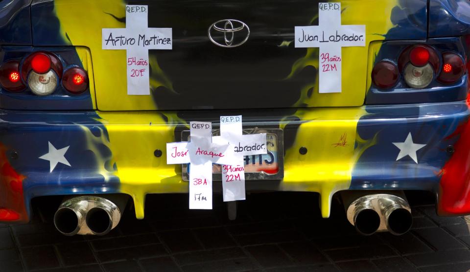 Several crosses with the names of people killed during the protests hang in a car decorated with the Venezuelan flag during a march of remembrance for those fallen during the protests, in Caracas, Venezuela, Tuesday, April. 15, 2014. As Venezuela’s opposition is resuming negotiations with the government doubts are arising that the talks will produce a breakthrough. (AP Photo/Ramon Espinosa)