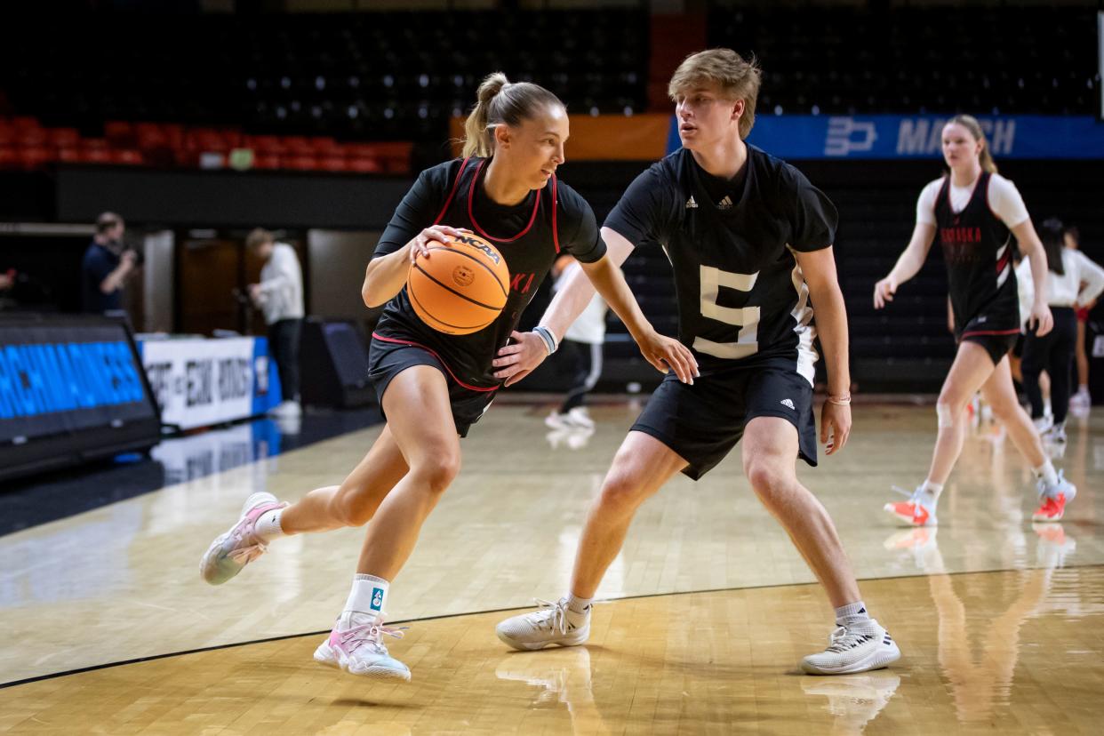 Former Oregon Duck Jaz Shelley warms up with Nebraska during practice ahead of the first round of the NCAA Women’s Basketball Tournament March 21 at Gill Coliseum in Corvallis.