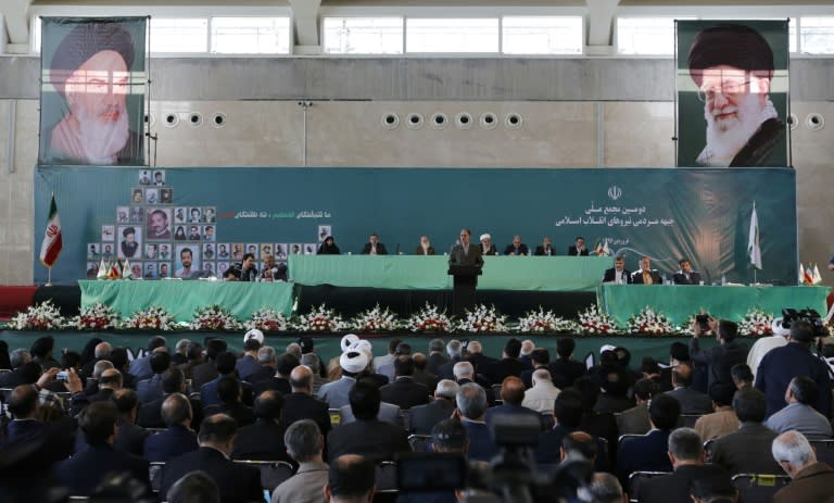 View of the general assembly of conservatives, in Tehran to decide on a shortlist of five candidates for the presidential election Conservatives are trying to rally around a single figure in a bid to focus their attack on President Hassan Rouhani, who has succeeded in uniting moderates and reformists. The election will be held on May 19