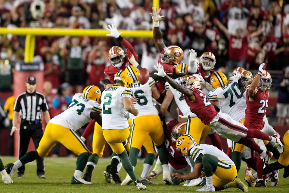 Mason Crosby has made 395 field goals in his NFL career, including this memorable, game-winning kick against the San Francisco 49ers on Sept. 26, 2021, as time expired.