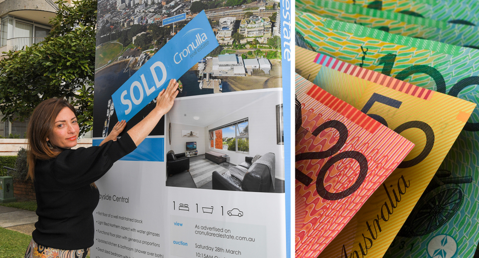 Woman putting a sold sticker on 'house for sale' sign and Australian money.