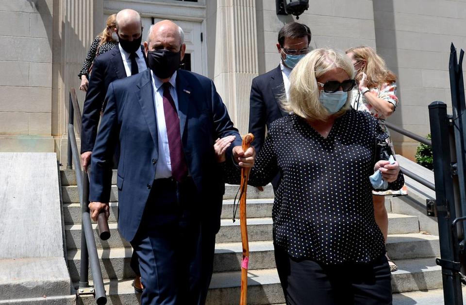 Former North Carolina congressman Robin Hayes, shown leaving leaves the federal courthouse in Charlotte in August 2020 after his sentencing, was pardoned Wednesday by President Donald Trump