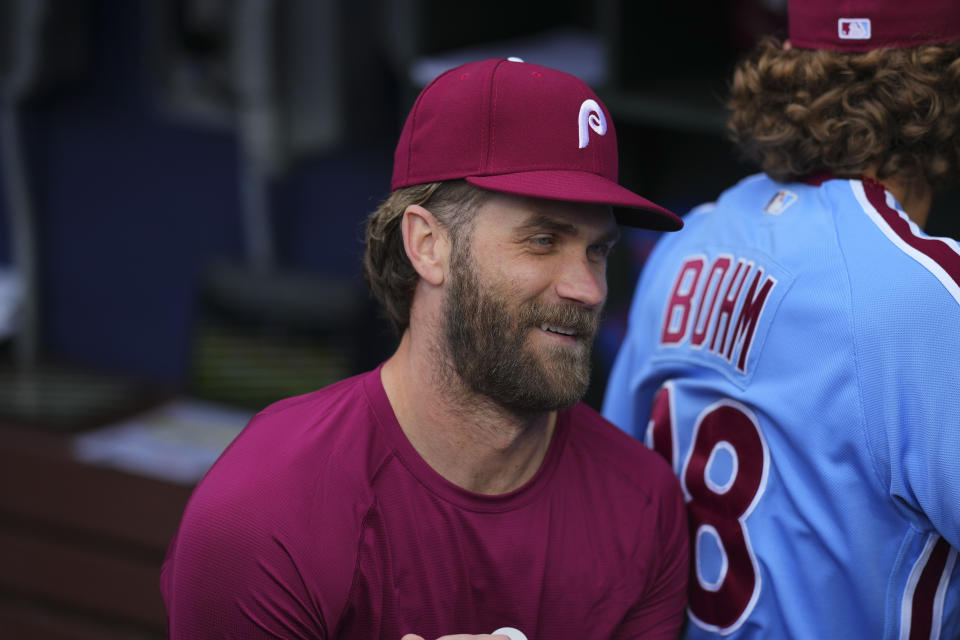 PHILADELPHIA, PA - APRIL 27: Bryce Harper #3 of the Philadelphia Phillies looks on against the Seattle Mariners at Citizens Bank Park on April 27, 2023 in Philadelphia, Pennsylvania. (Photo by Mitchell Leff/Getty Images)