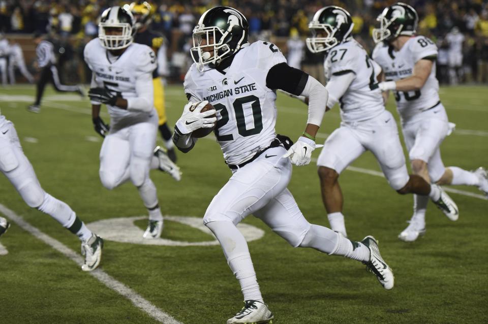 Michigan State defensive back Jalen Watts-Jackson is most known for returning a fumbled punt for a touchdown as time expired against Michigan in 2015. (Melanie Maxwell/The Ann Arbor News via AP)