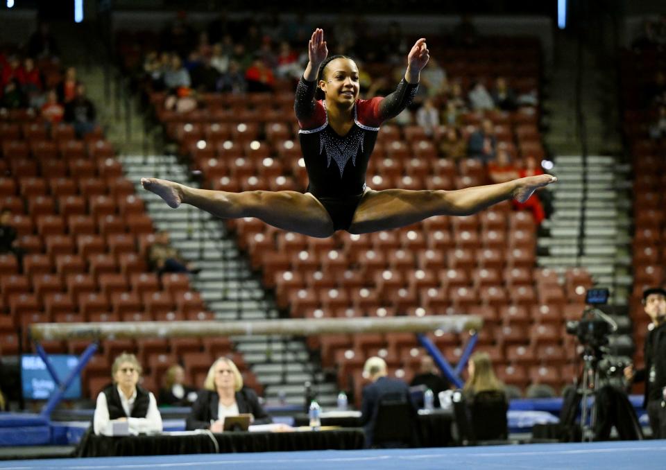 SUU’s Niya Randolph performs on the Floor as BYU, Utah, SUU and Utah State meet in the Rio Tinto Best of Utah Gymnastics competition at the Maverick Center in West Valley City on Monday, Jan. 15, 2024. | Scott G Winterton, Deseret News