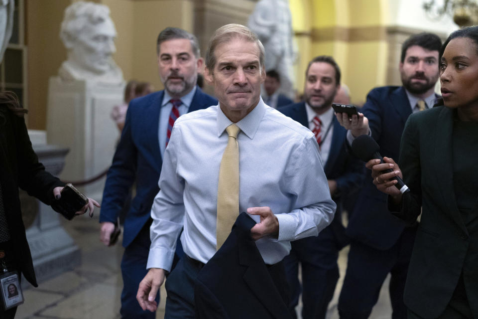 Rep. Jim Jordan, R-Ohio, chairman of the House Judiciary Committee leaves the Republican caucus meeting at the Capitol in Washington, Thursday, Oct. 19, 2023. (AP Photo/Jose Luis Magana)