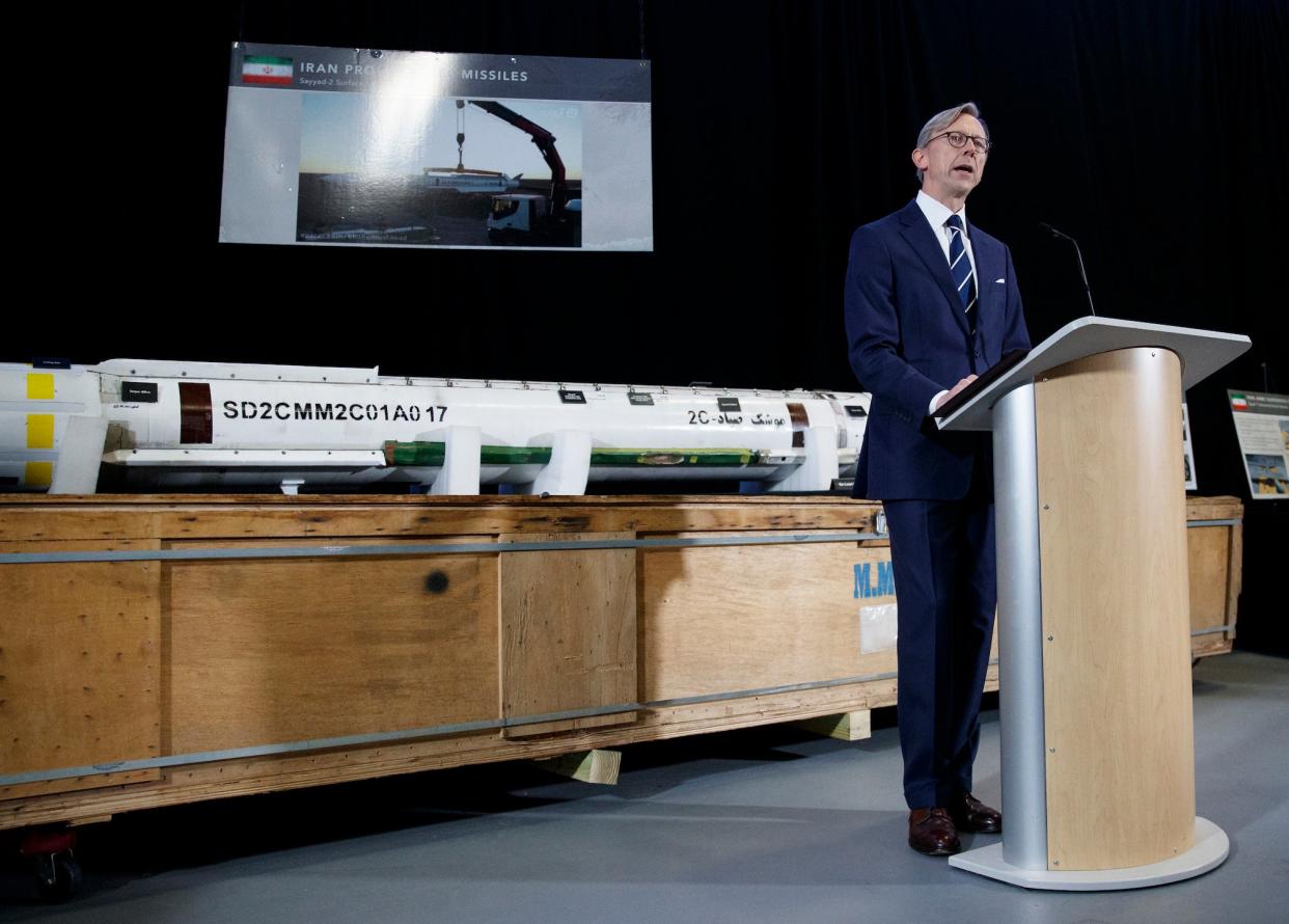 Brian Hook, the U.S. special representative for Iran, stands in front of an Iranian missile: AP