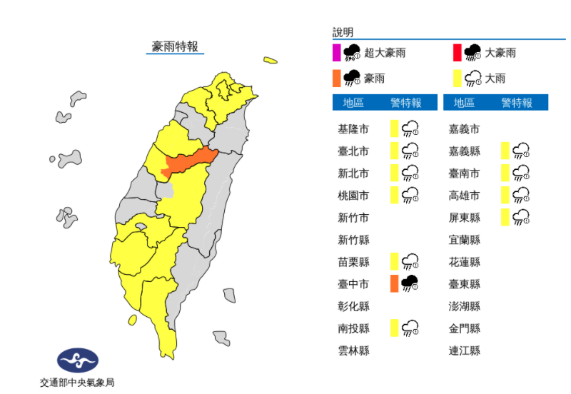 氣象局發布豪大雨特報、高溫特報。（中央氣象局提供）