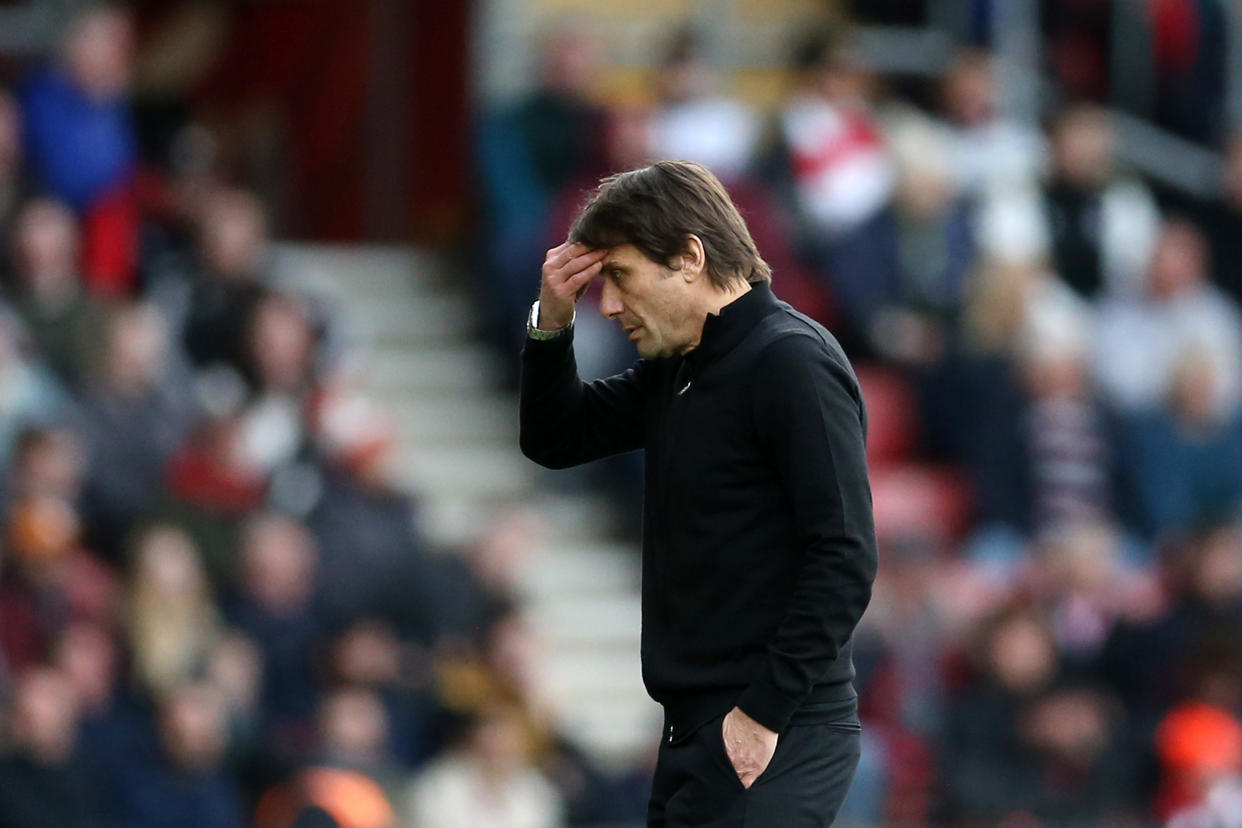 Tottenham manager Antonio Conte reacts after Southampton score their second goal during the English Premier League match.