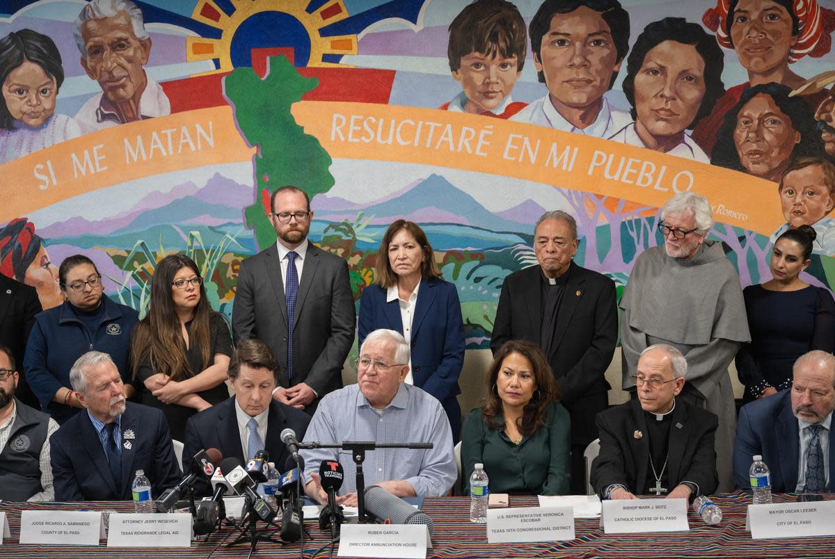 Ruben Garcia, director of Annunciation House, speaks at a press conference on Feb 23, 2024. Earlier this week, Texas Attorney General Ken Paxton, announced a lawsuit against the migrant shelter Annunciation House for allegedly operating a stash house and human trafficking. Annunciation House has been providing aid and shelter to migrants in El Paso for more than 40 years.