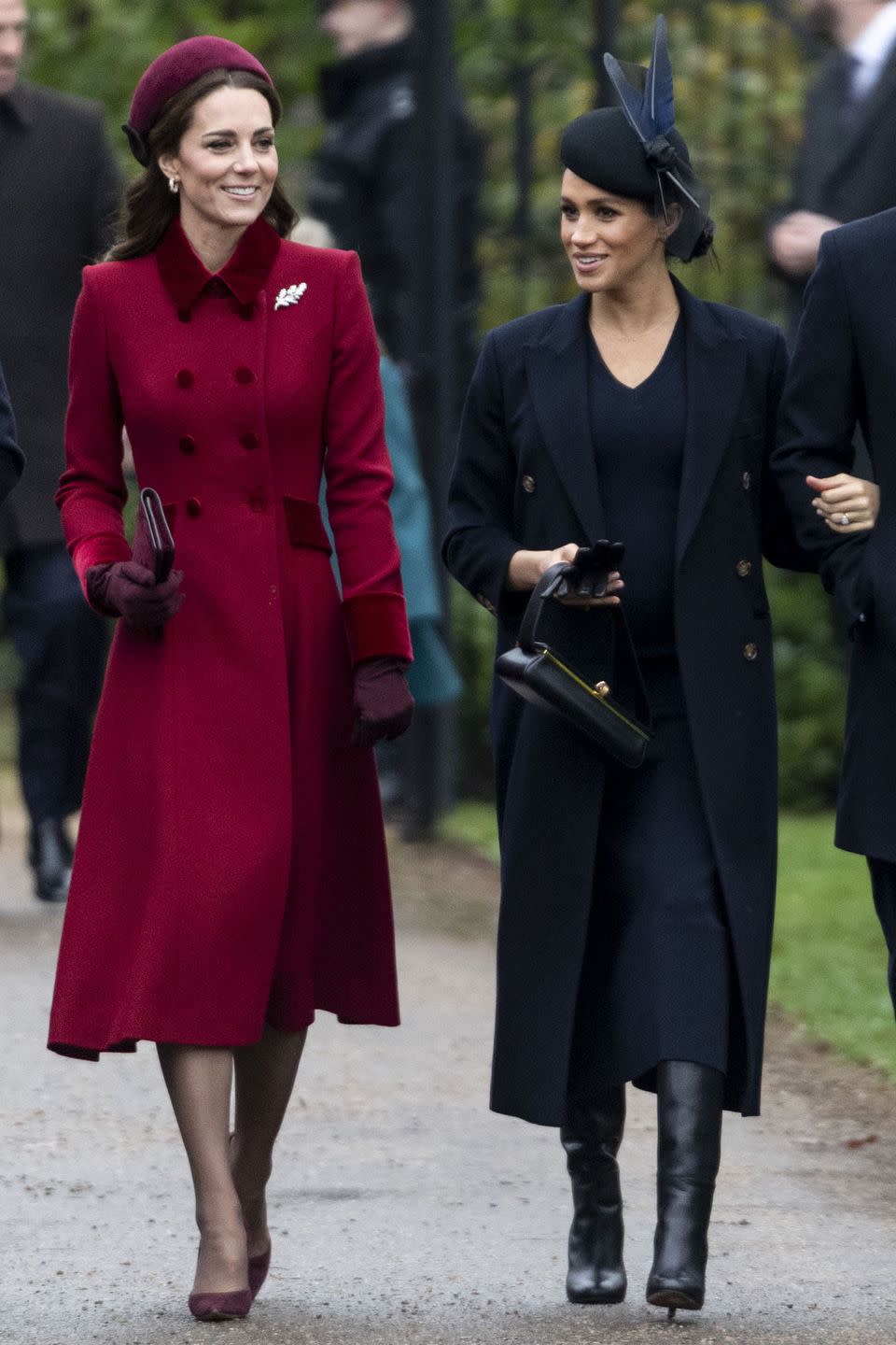 <p><strong>December 2018 </strong>The Duchess of Cambridge and the Duchess of Sussex attended a Christmas Day service in smart burgundy and navy outfits. Meghan chose a Victoria Beckham look. </p>