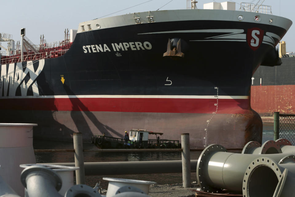 The British-flagged oil tanker Stena Impero docks at Port Rashid Port Rashid in Dubai, United Arab Emirates, Saturday, Sept. 28, 2019. On Friday, Iran released the Stena Impero which it had seized in July as it passed through the Strait of Hormuz, the narrow mouth of the Persian Gulf through which 20% of all oil passes. (Christopher Pike, Pool Photo via AP)