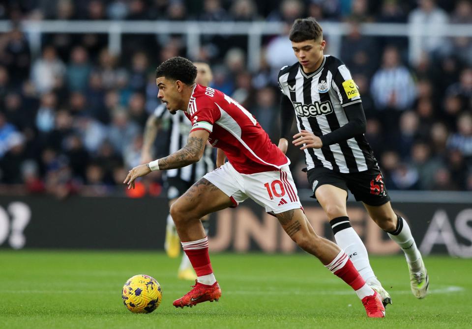 Nottingham Forest's Morgan Gibbs-White in action with Newcastle United's Lewis Miley (REUTERS)